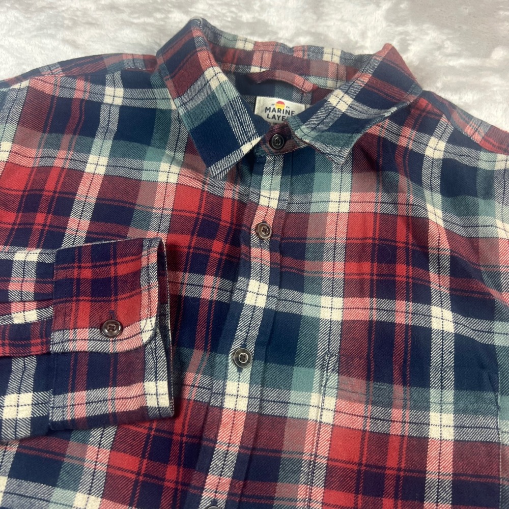 Marine Layer Men's Small Button Down Shirt Red Navy Plaid Flannel 14593